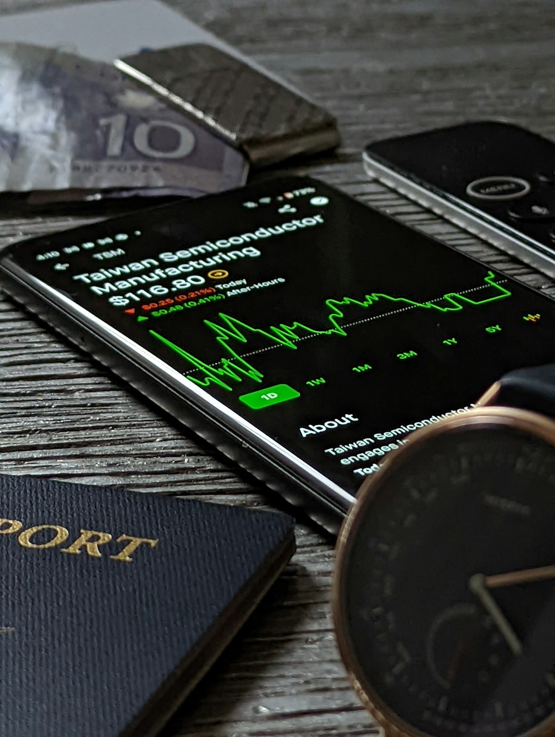 Home Blockchain Trading Application Displays Information for Taiwan Semiconductor, American Passport, Misfit Watch, Apple TV Remote, and Money Clip with Canadian Money.